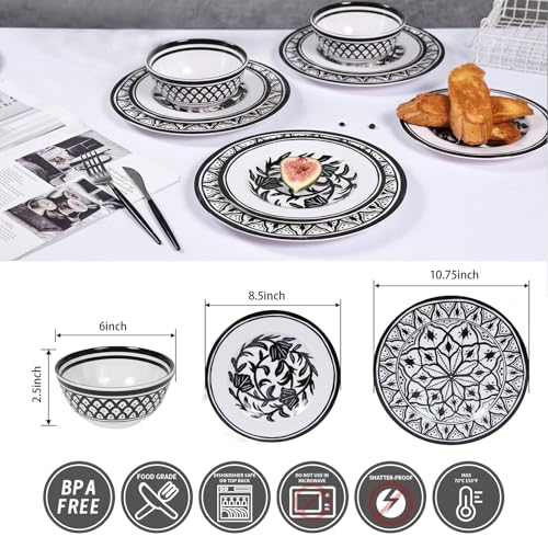 Melamine Dinnerware Sets-12pcs Melamine Plates and Bowls Set, Round | Unbreakable, Dishwasher Safe, Indoor Outdoor Use, Ideals for Parties, Camping Dish Set, Black and White Pattern - color: Black White