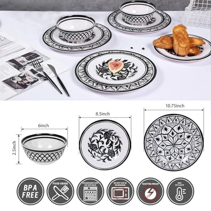 Melamine Dinnerware Sets-12pcs Melamine Plates and Bowls Set, Round | Unbreakable, Dishwasher Safe, Indoor Outdoor Use, Ideals for Parties, Camping Dish Set, Black and White Pattern - color: Black White