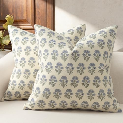 Farmhouse Floral Pillow Covers 16x16 Set of 2, Country Botanical Throw Pillow Cover for Sofa Couch Bed Living Room, Rustic Vintage Flower Cushion Covers Cottage Home Decor,Dusty Blue - color: Dusty Blue, size: 16" x 16" (Pack of 2)