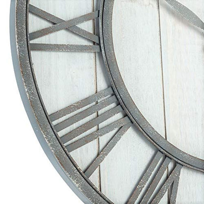 Oldtown Farmhouse Metal & Solid Wood Noiseless Wall Clock (Whitewash, 24-inch) - color: Whitewash, size: 24-inch