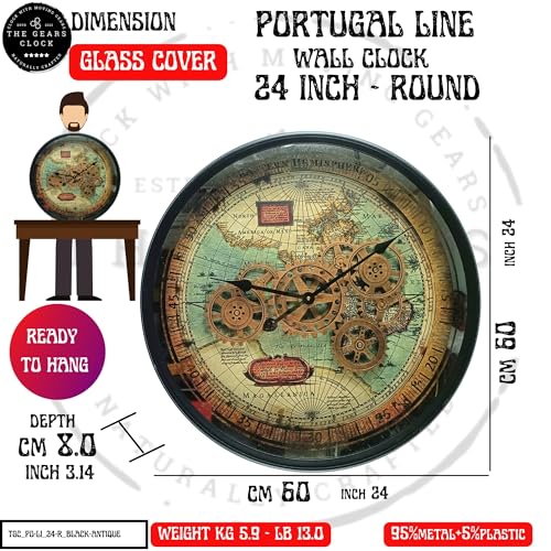 24'' Inch Round Real Moving Gear Wall Clock Portugal Line (Black Antique, 24 inches (60 cm))