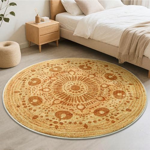 Carvapet 5ft Round Area Rug Washable Jute Style Low Pile Carpet | Stain resistant rug with non slip backing and foldable design for living rooms, bedrooms, offices and bathrooms - color: S-brown, size: 5' (Round)