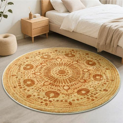 Carvapet 5ft Round Area Rug Washable Jute Style Low Pile Carpet | Stain resistant rug with non slip backing and foldable design for living rooms, bedrooms, offices and bathrooms - color: S-brown, size: 5' (Round)