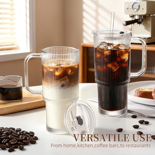 Iced Coffee Cups with Lids 2Pcs: Ribbed Glass Tumbler with Straw and Lid 24oz - Coffee Bar Accessories - Glass Cups and Tumblers with Lids and Straws - Tumbler Leak Proof - Coffee Tumbler with Handle - color: Handled