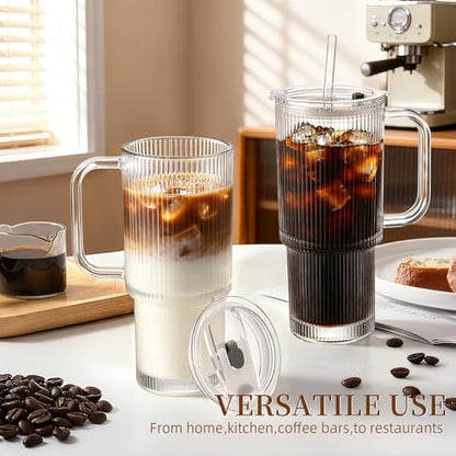 Iced Coffee Cups with Lids 2Pcs: Ribbed Glass Tumbler with Straw and Lid 24oz - Coffee Bar Accessories - Glass Cups and Tumblers with Lids and Straws - Tumbler Leak Proof - Coffee Tumbler with Handle - color: Handled