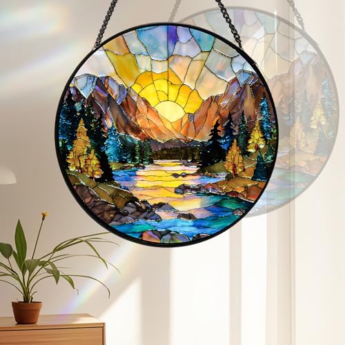 Stained Glass Window Hanging, Sunset Mountains Lake Tree Stained Glass Sun Catcher, Window Decor Scenery Lover Gift for Women, Couples, Best Friend, Family, Colleague, Classmate 7.8 Inch