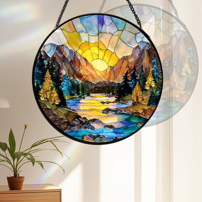 Stained Glass Window Hanging, Sunset Mountains Lake Tree Stained Glass Sun Catcher, Window Decor Scenery Lover Gift for Women, Couples, Best Friend, Family, Colleague, Classmate 7.8 Inch