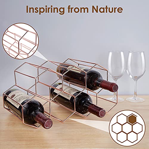 FOMANSH Countertop Wine Rack - 7 Bottle Holder for Storage, Freestanding Metal Tabletop Stand With Modern Design for Kitchen, Cellar, Bar Cabinet - color: Rose Gold