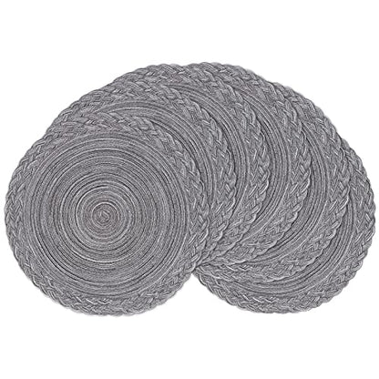 SHACOS Round Placemats Set of 6 Woven Round Table Mats 15 inch Braided Border Washable Cotton Polyester Circle Place Mats, Gray - color: Gray, size: 6 pieces