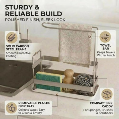 Kitchen Sink Caddy,Sponge Dish Brush Holder Brushed Nickel | Carbon Steel, Towel Rack & Removable Drain Tray, Sponge & Brush Organizer, Compact Sink Storage, Fits Standard Kitchen Sink