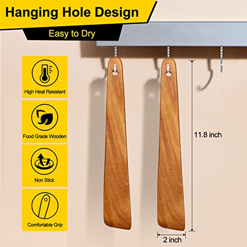 Non Toxic Wood Spatula for Cooking Spoon Teak Wooden Utensil Set Spurtle | Bamboo Kitchen Utensils Flat Turner Spatula Set for Kitchen Use Camping Egg Spatulas Sourdough Food Scraper Stirrer Spoon - size: 2 Pieces 12 Inches