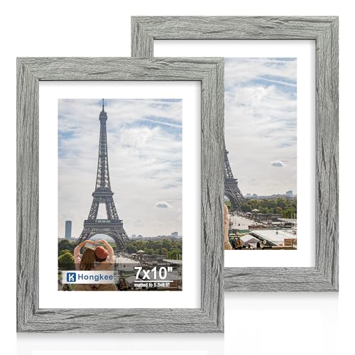 Hongkee 7x10 Picture Frame Set of 2, Made of Real Glass and Grey Wooden Frame - Display 5.5 x 8.5 Diploma Frame with Mat or 7x10 Without Mat, 7 by 10 Photo for Wall or Tabletop - color: Grey, size: 7X10 in