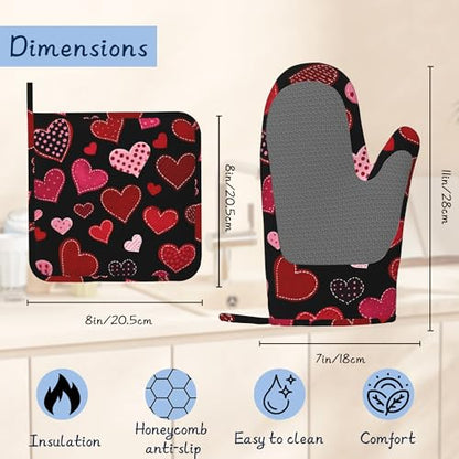 Red Hearts Pot Holders and Oven Mitts,Cute Oven Mitts Heat Resistant Cotton Lining Anti-Slip Silicone Kitchen Mitts Set Hot Pads for Microwaves Cooking Baking Grilling - color: Red Hearts