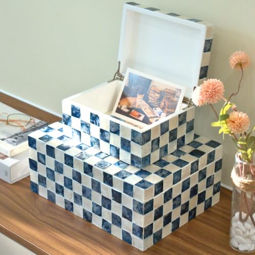 12"x8" Decorative Capiz Boxes Keepsake Trunk, Navy Blue, Set 2 | Handmade capiz inlaid keepsake boxes for photos, blue checkered boxes, checkered box decor, blue storage box for bedroom - color: Navy Blue