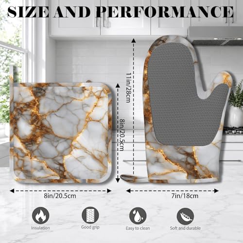 White Gold Marble Heat-Resistant Oven Mitts and Pot Holder Kitchen Non-Slip Silicone Cooking Microwave Gloves for Cooking Baking Grilling - color: White Gold Marble