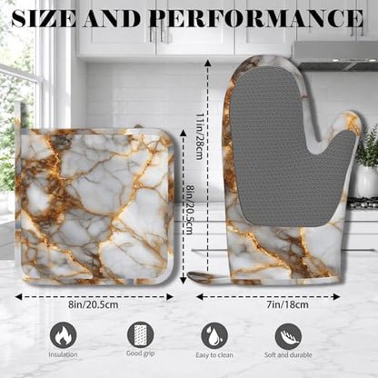 White Gold Marble Heat-Resistant Oven Mitts and Pot Holder Kitchen Non-Slip Silicone Cooking Microwave Gloves for Cooking Baking Grilling - color: White Gold Marble