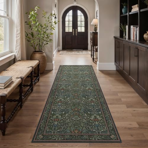 GENIMO 2.5x8 Washable Hallway Runner Rug, Non Slip, Dark Green | Vintage Floral Stain Resistant Lightweight Low Pile Rug for Entryway, Kitchen, Bedroom and Indoor Decor - color: Dark Green, size: 2'6" x 8' (Rectangular)