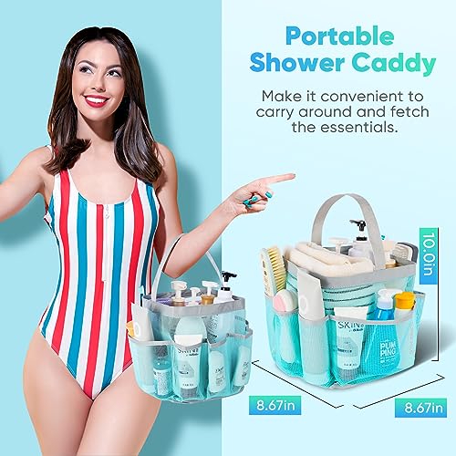 EUDELE Mesh Shower Caddy Portable, 8-Pocket Large Capacity, Quick Dry, Easy Clean, for Beach, Swimming, Gym, Travel - color: Mint Green-Grey