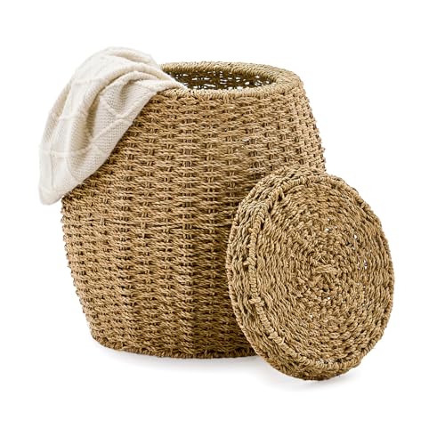 Round Wicker Basket with Lid, Handwoven Seagrass Storage Basket, Blanket Organizer Basket for Laundry, Bathroom, Bedroom, Living Room, Office - color: Seagrass, size: 17"