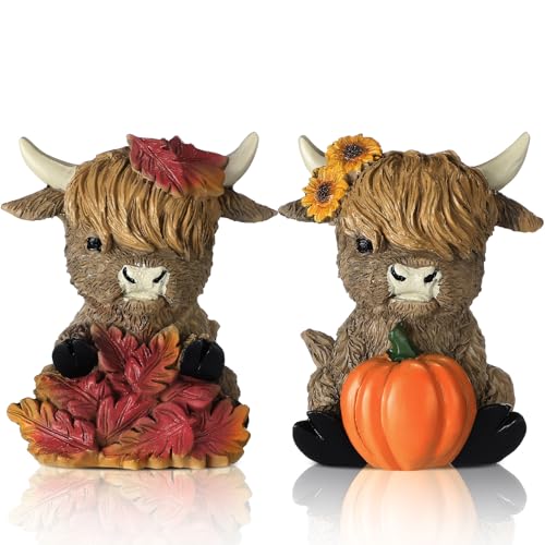 Wesiti 2 Pcs Fall Highland Cow Figurines Decor, Pumpkin Maple Leaf | Autumn Gnomes, Scottish Resin Statue, Calf Lovers Gifts for Thanksgiving, Home Garden Kitchen Office Table Shelf Tiered Tray - style: Fall
