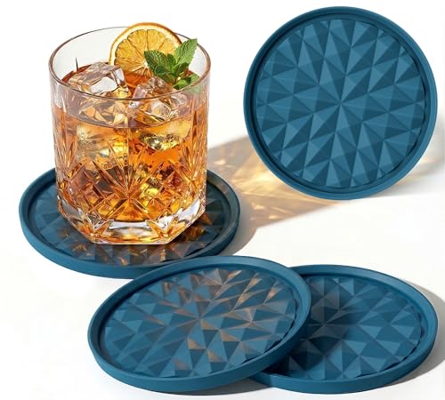 Silicone Drink Coasters Set of 4, Coaster for Desk | Prevents Condensation&Spills, Non-Slip, Reusable&Easy Clean, Diamond Pattern, Stylish Office&Home Decor, Gift, Dark Blue - color: Dark Blue, size: 4×3.9inches