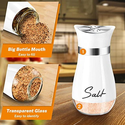Salt and Pepper Shakers - 4 oz White Glass Set with Stainless Steel Lids | Refillable Glass Shakers with Stainless Steel Lids for Cooking, Dining, RV Trips, Camping and BBQs; 4 oz Capacity Each. - color: White