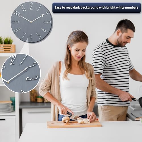 12 Inch Wall Clock Silent Non Ticking, 3D Relief Numbers Modern Style Decor Clock for Living Room Bedroom Kitchen Home Office School (Blue Grey)