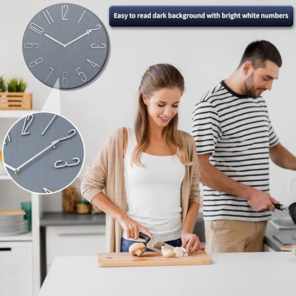 12 Inch Wall Clock Silent Non Ticking, 3D Relief Numbers Modern Style Decor Clock for Living Room Bedroom Kitchen Home Office School (Blue Grey)