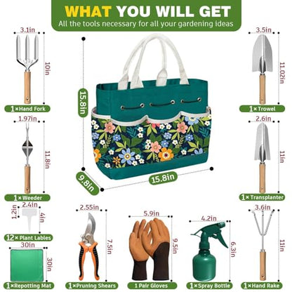 22Pcs Gardening Tools Set for Women Heavy Duty Garden Hand Tools Kit Birthday Gifts for Mom Wife Grandma Beginner Gardening Accessories with Tote Bag/Shovels/Repotting Mat/Plant Labels/Gloves - color: Dark Green