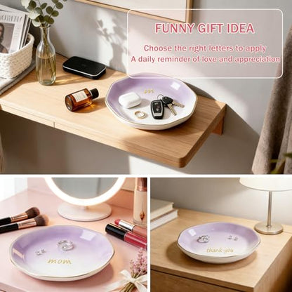 LUCKINEE Ceramic Jewelry Tray Round Ring Dish Trinket Dish Gifts for Women | Personalized Birthday Gifts for Mom Dad,Sisters and Friends,with 1pc Gold Puffy Letter Sticker A-Z, With 1pc Greeting Card - color: DIY Style 2- A-Z