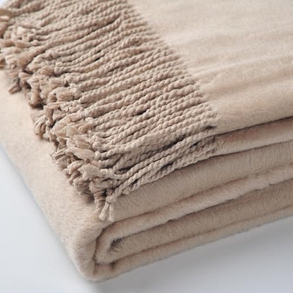 EP Mode Fringed Mulberry Silk Throw Blanket for Sofa (Rugby Tan) - color: Rugby Tan