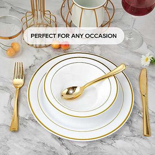 50PCS Plastic Bowls with Gold Rim 12oz Disposable Soup Bowls | Plastic Bowls for Christmas Thanksgiving Premium Dessert Salad Bowl for Wedding/Party - color: Gold, style: 50Count