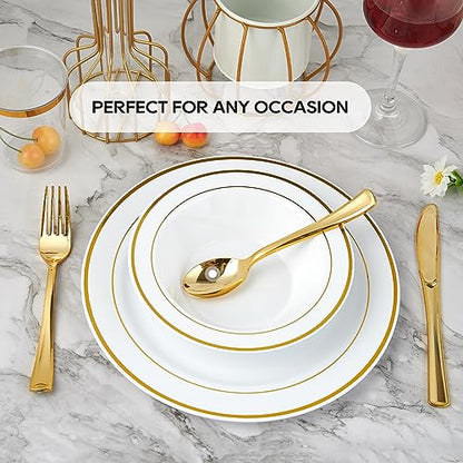 50PCS Plastic Bowls with Gold Rim 12oz Disposable Soup Bowls | Plastic Bowls for Christmas Thanksgiving Premium Dessert Salad Bowl for Wedding/Party - color: Gold, style: 50Count