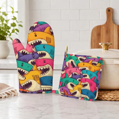 Cartoon Shark Oven Mitts and Pot Holders Sets Non-Slip Silicone Surface for BBQ Gloves,Kitchen,Cooking,Baking,Grilling - color: Cartoon Shark