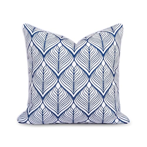 Hofdeco Premium Coastal Patio Indoor Outdoor Throw Pillow Cover Only, 20"x20" Water Repellent for Backyard, Couch, Navy Blue Print Geometric Leafs - color: Navy Blue Geometric Leafs 20"x20"