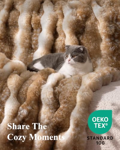 Ultra Soft Cozy Faux Fur Throw Blanket, Fuzzy Plush Thick Bubble Blanket, Oversize Luxury Fluffy Blanket for Couch, Bed, Bedroom and Living Room, 60x80 Inches, Tie-Dye Camel - color: Tie-dye Camel, size: Twin