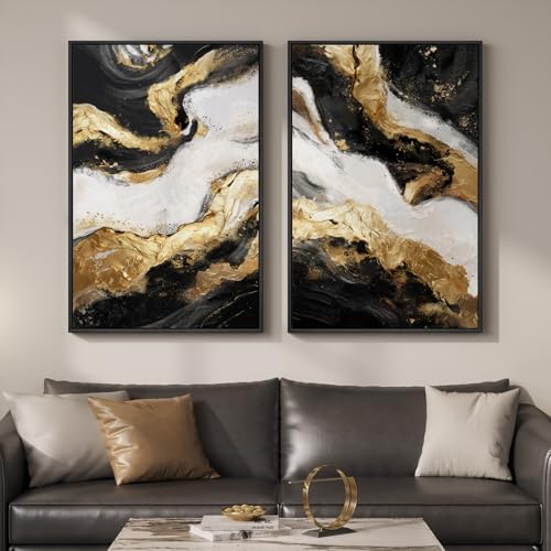 Framed Gold Abstract Wall Art Set of 2 for Living Room, Large Black White Modern Luxury Canvas Artwork for Walls, Contemporary Flow Marble Motifs Painting Print Wall Decor for Bedroom Office, 24x36 In - color: Black Gold White