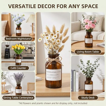 6.38 Inch 17oz Clear Glass Vase, Wide Mouth Flower Vase with Hemp Rope | Thickened Glass Body, Natural Hemp Rope, Smooth Wide Mouth, Stable Base, DIY Sticker Included, 2 Color Options - color: Amber