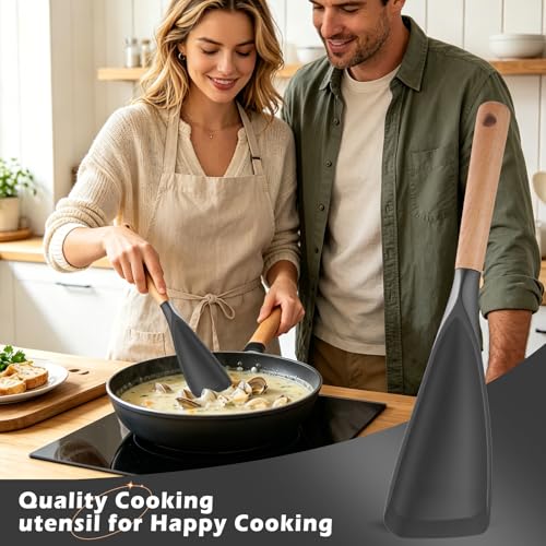 Cooking Spoon for Nonstick Cookwares, Multifunction Spatula Spoon, Great for Both Cooking and Serving, Wood Handle Spoon for Stirring, Mixing, Serving (2, GRAY) - color: Gray