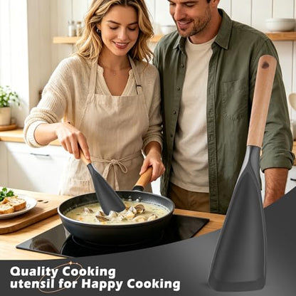 Cooking Spoon for Nonstick Cookwares, Multifunction Spatula Spoon, Great for Both Cooking and Serving, Wood Handle Spoon for Stirring, Mixing, Serving (2, GRAY) - color: Gray