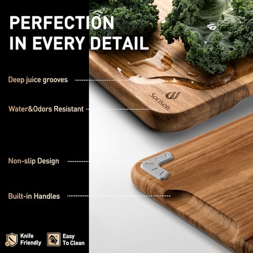 3 Pack Teak Wood Cutting Board Set for Kitchen Charcuterie Board Serving Heavy Duty Non Toxic Slip Over Sink Solid Thick Haus Wooden Chopping Board Large Big Small Meat Best Kitchen Mother Gift - style: Set of 3 with Holder