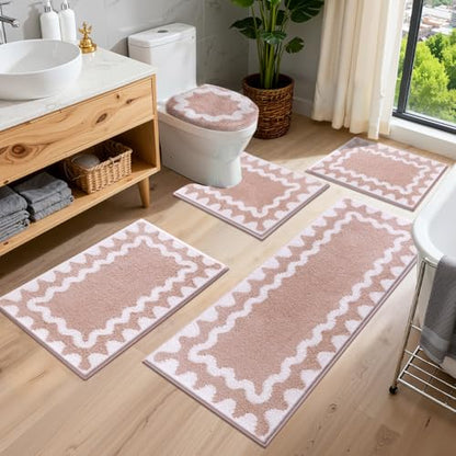 Findosom Bathroom Rugs Sets 5 Piece, Absorbent Soft Non-Slip Bath Rug Set | Washable Microfiber Shaggy Bath Mat Set with Bathroom Runner Rug, U-Shaped Toilet Rugs, Shower Rug & Toilet Lid Cover, Pink - color: Pink & White, size: 18"x26"+20"x32"+20"x48"+U