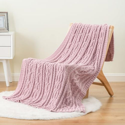 Battilo Pink Throw Blanket for Couch, Cable Knit Blanket, Soft Chenille Throw Blanket, Cozy Warm Blankets for Girls Daughter Women Gifts for Mom, 51"x67", Blush - color: Blush