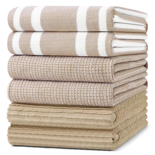 Homaxy Cotton 380 GSM Premium Kitchen Towels, 18"x 28", 6 Pack, Khaki | Soft and Absorbent Terry Dish Towels, Multipurpose Tea Towel Set with Hanging Loop, 3 Styles Kitchen Hand Towels - color: Khaki, size: 18" X 28" - 6 Pack