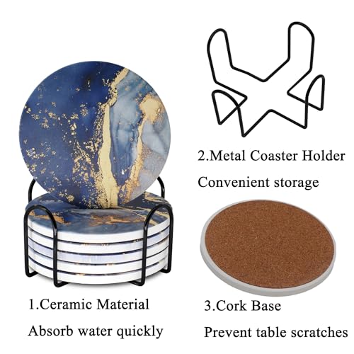 Navy Blue Marble Ceramic Coasters with Holder Absorbent Drink Coaster Set Outdoor Round Abstract Cute Table Decorative Coffee Cup Beverage Fun Wine Beer Bar Gold Housewarming 6 Pack - style: Navy Blue Gold