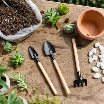 3Pcs Mini Gardening Tool Set with Wooden Handles Includes Small Hand Rake and Spade Ideal for Bonsai and Potted Plants Care