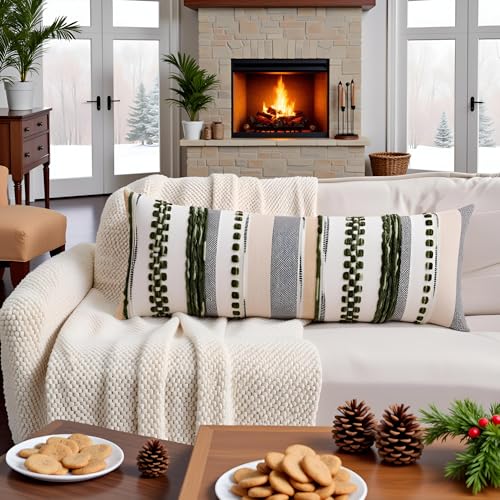 Dark Green Boho Lumbar Throw Pillow Cover 14x36 | 1 Piece,Durable Fabric,Stripe Pillow Cover,Farmhouse Cushion Case,Chenille Pillow Case,Neutral Pillowcase for Sofa Couch Bed - color: Dark Green Stripe, size: 36" x 14" (Pack of 1)