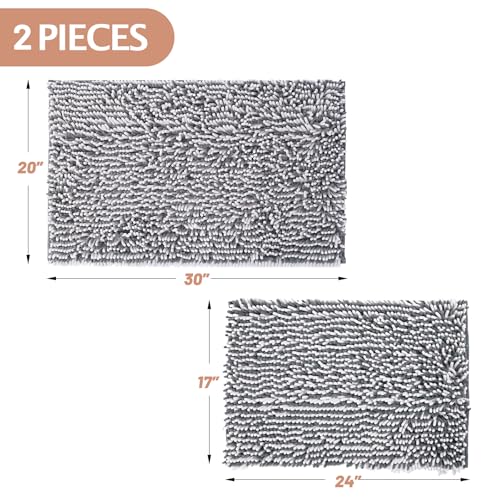 Chenille Bathroom Rugs Set 2 Piece, Absorbent Bath Rugs, Non-Slip Bath Mats, Machine Washable Rugs for Bathroom Floor, Tub and Shower, Gray&White (20 × 30 Plus 17 ×24 - Inch) - color: Gray & White
