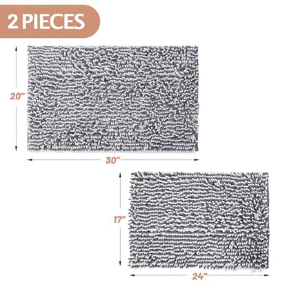 Chenille Bathroom Rugs Set 2 Piece, Absorbent Bath Rugs, Non-Slip Bath Mats, Machine Washable Rugs for Bathroom Floor, Tub and Shower, Gray&White (20 × 30 Plus 17 ×24 - Inch) - color: Gray & White
