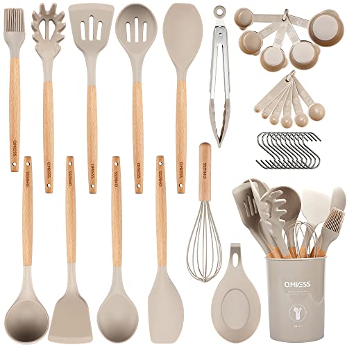 QMVESS Silicone Kitchen Utensils Set, 35 Pcs Non-Stick Cooking Utensils Set, Sturdy Insulation Wooden Handle Kitchen Accessories for Cooking with Spatula Set and Spoons Set Gadgets (Khaki) - color: Khaki